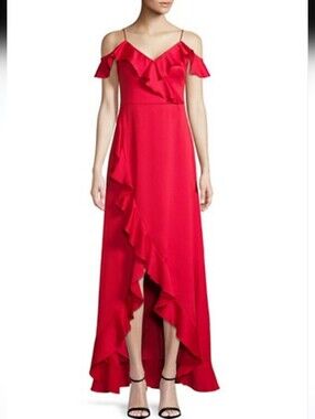 Aidan Mattox Red Cold-Shoulder Flutter Sleeves Ruffle High-Low Dress Size 8